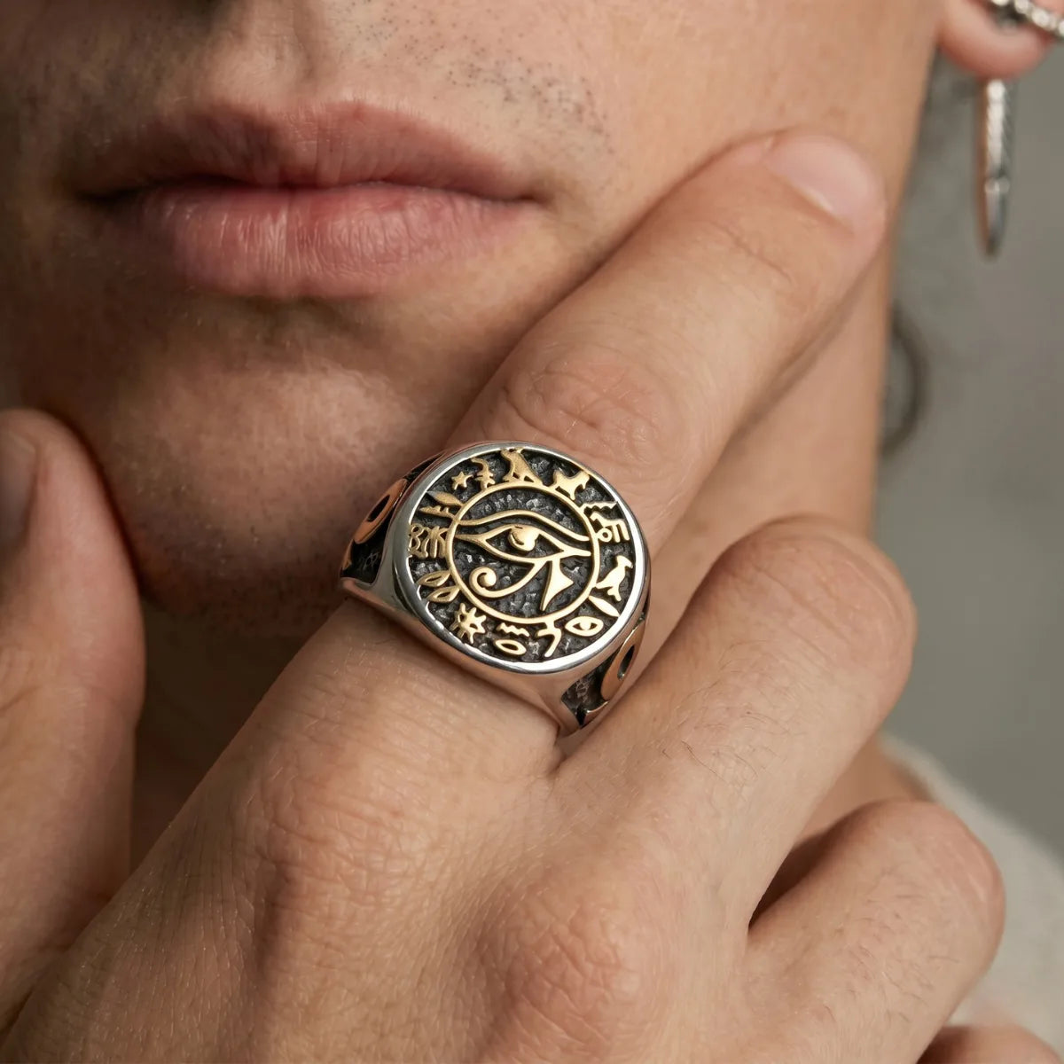 Man Wearing Eye Of Horus Ring Index Finger Alternative Mens Jewelry