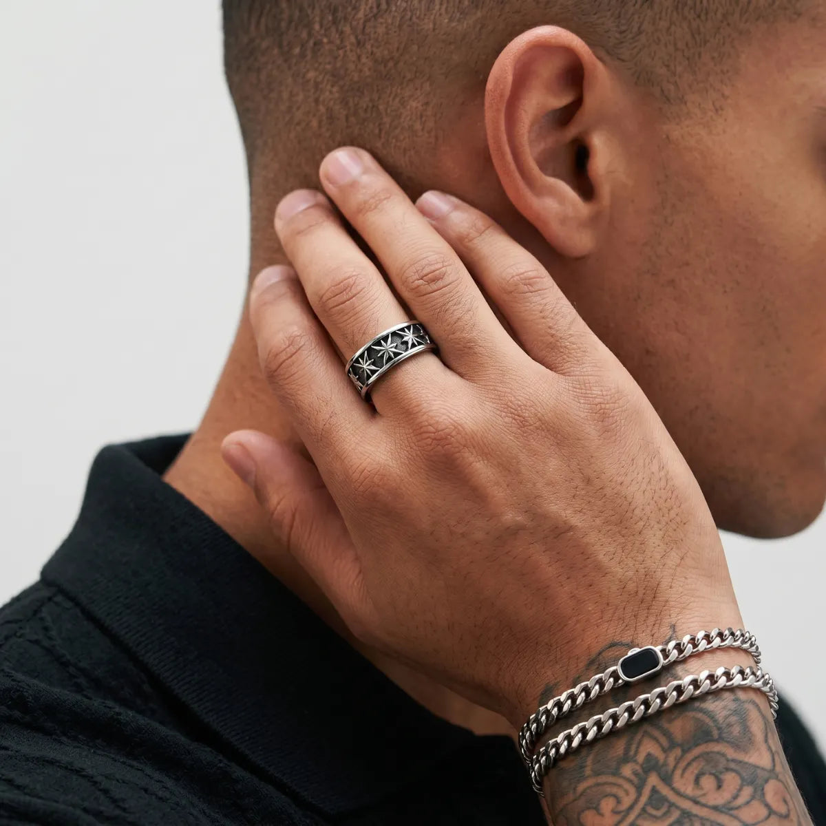 Man Wearing Gothic Carved Star Band Black Shirt Alternative Mens Accessories