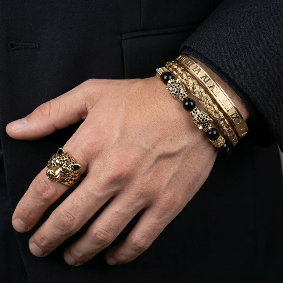 Man Wearing Jaguar Ring Gold Finish Mens Statement Jewelry