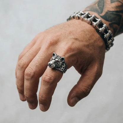 Man Wearing Jaguar Ring Silver Finish Mens Biker Jewelry