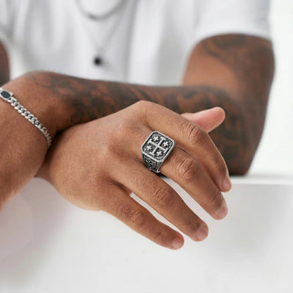 Man Wearing Jerusalem Cross Ring Middle Finger Christian Jewelry