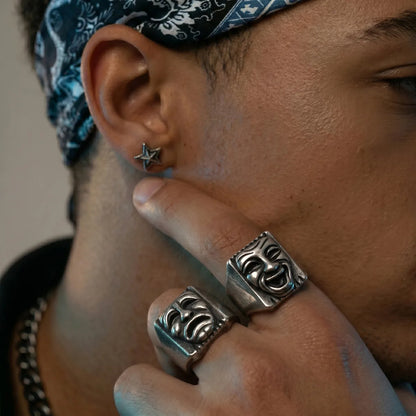 Man Wearing Laugh Now Cry Later Rings Alternative Mens Streetwear Accessories