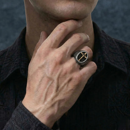Man Wearing Men‘s Crucifix Signet Ring Religious Jewelry
