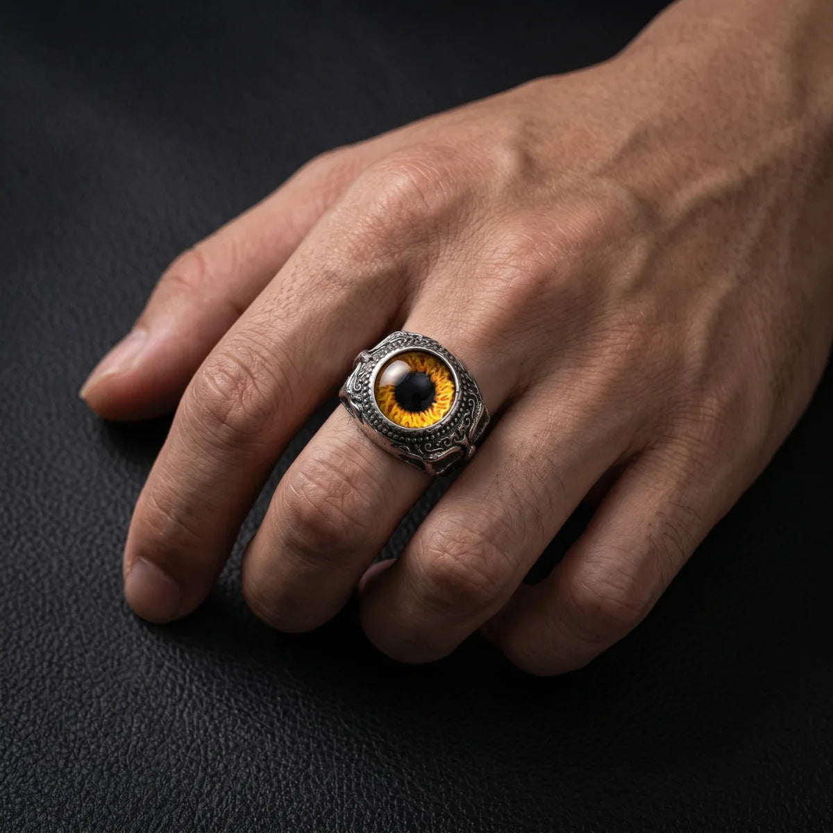 Man Wearing Men’s Eyeball Ring Brown Eye Alternative Biker Accessories