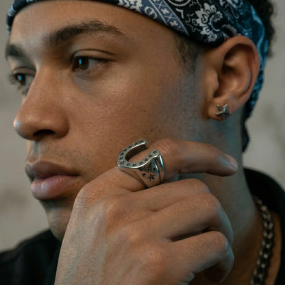 Man Wearing Mens Horseshoe Ring Index Finger Lucky Western Jewelry