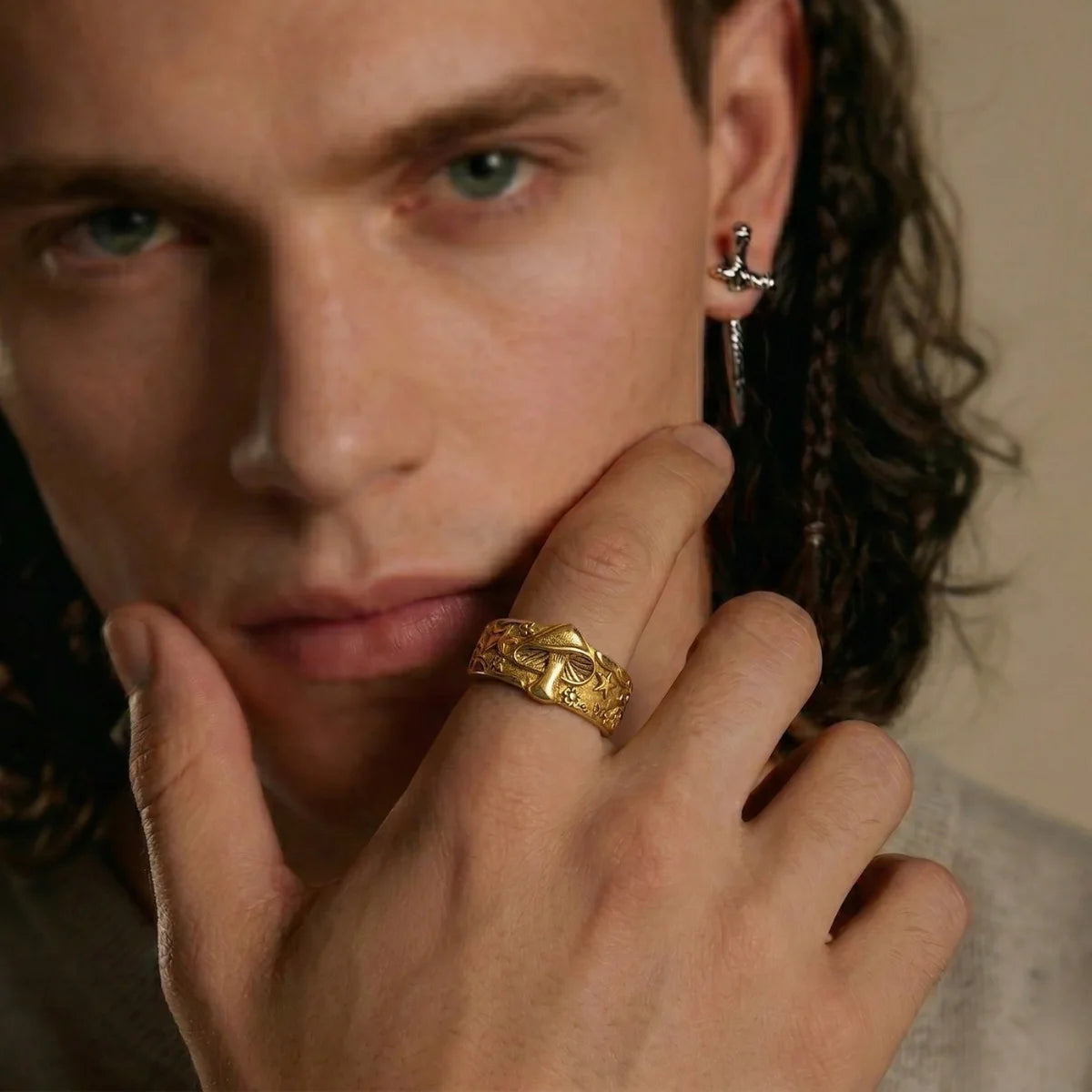 Man Wearing Mushroom Ring Gold Vintage Alternative Jewelry