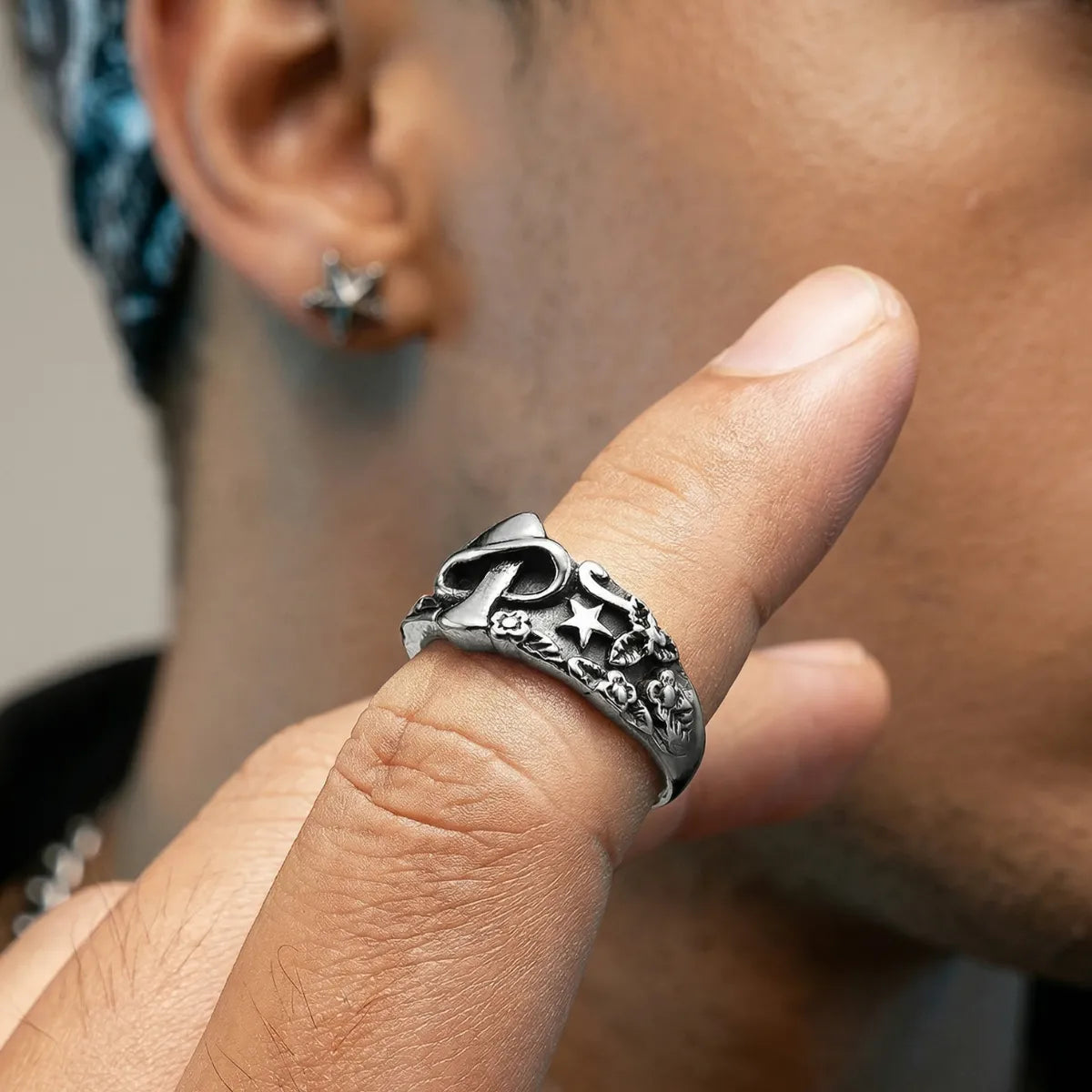 Man Wearing Mushroom Ring Silver Botanical Punk Jewelry