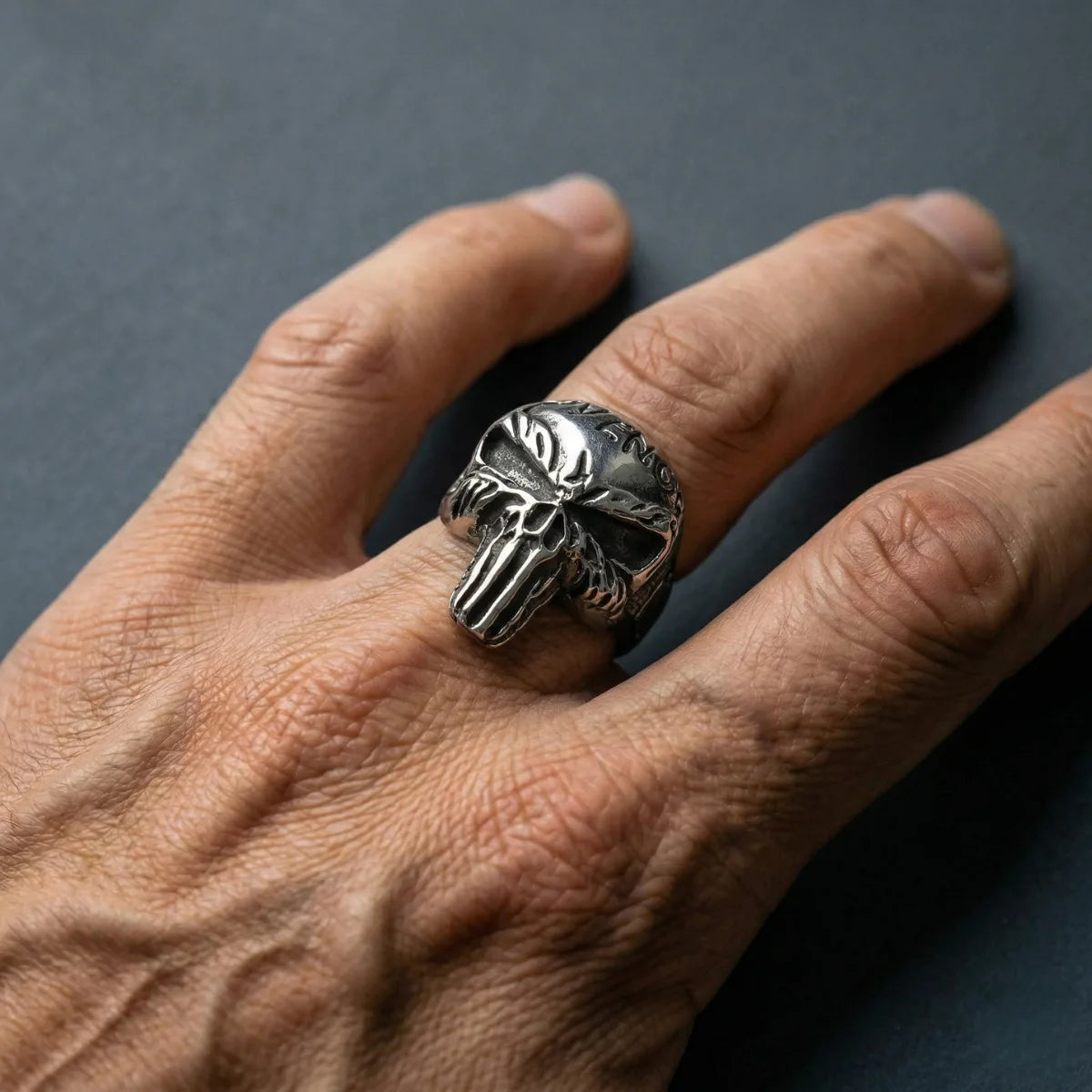 Man Wearing Punisher Skull Ring Style B Revenge Edition Gothic Jewelry