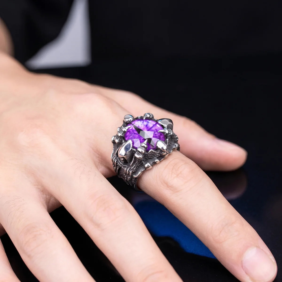 Man Wearing Talon Eye Ring Purple Eye Macabre Fantasy Jewelry