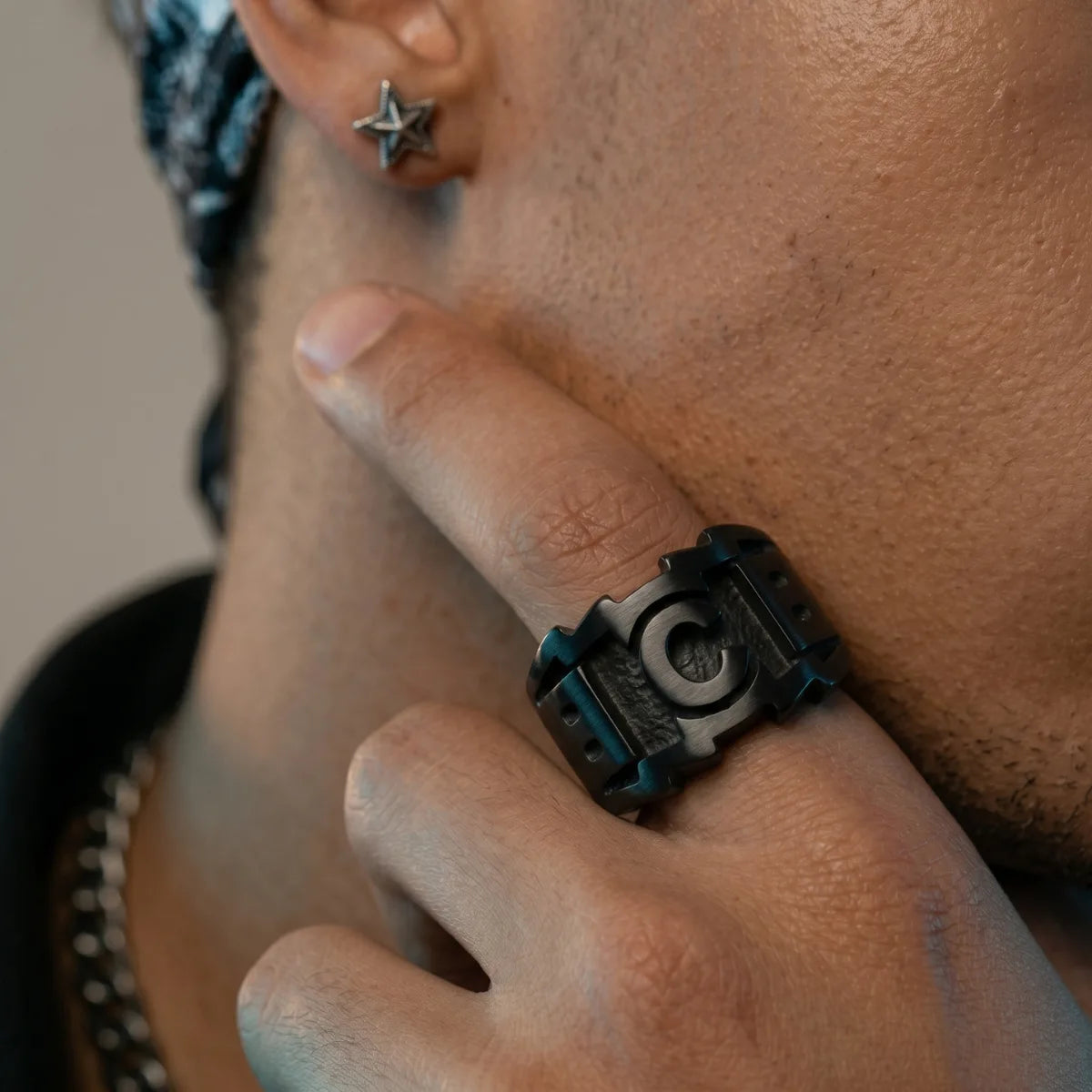 Man Wearing TCB Ring Black Dark Aesthetic Mens Streetwear Jewelry