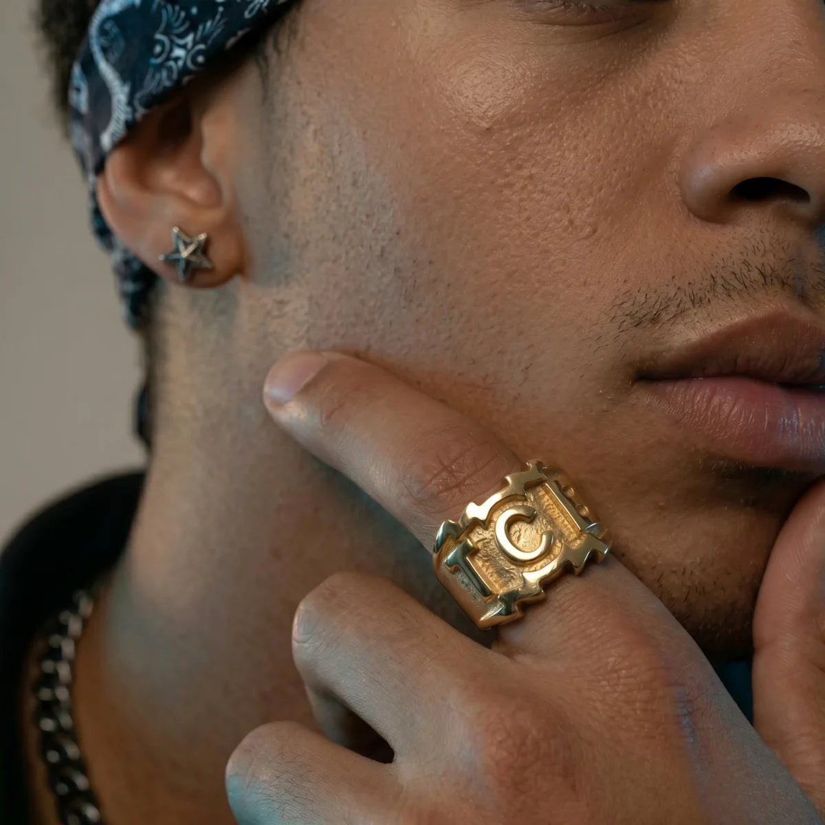 Man Wearing TCB Ring Gold Alternative Hip Hop Mens Accessories