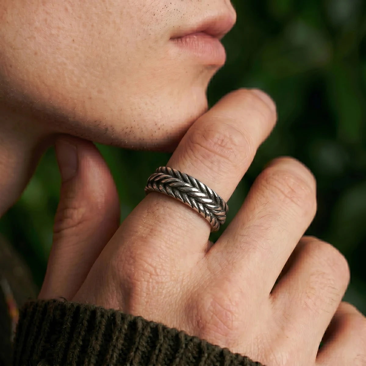 Man Wearing Viking Braided Band Ring Silver Alternative Mens Wedding Bands
