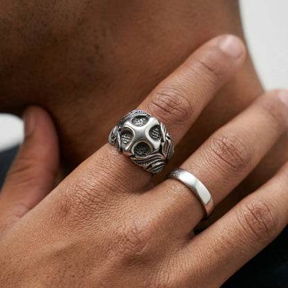 Man Wearing Vintage Floral Cross Ring Index Finger Mens Christian Jewelry