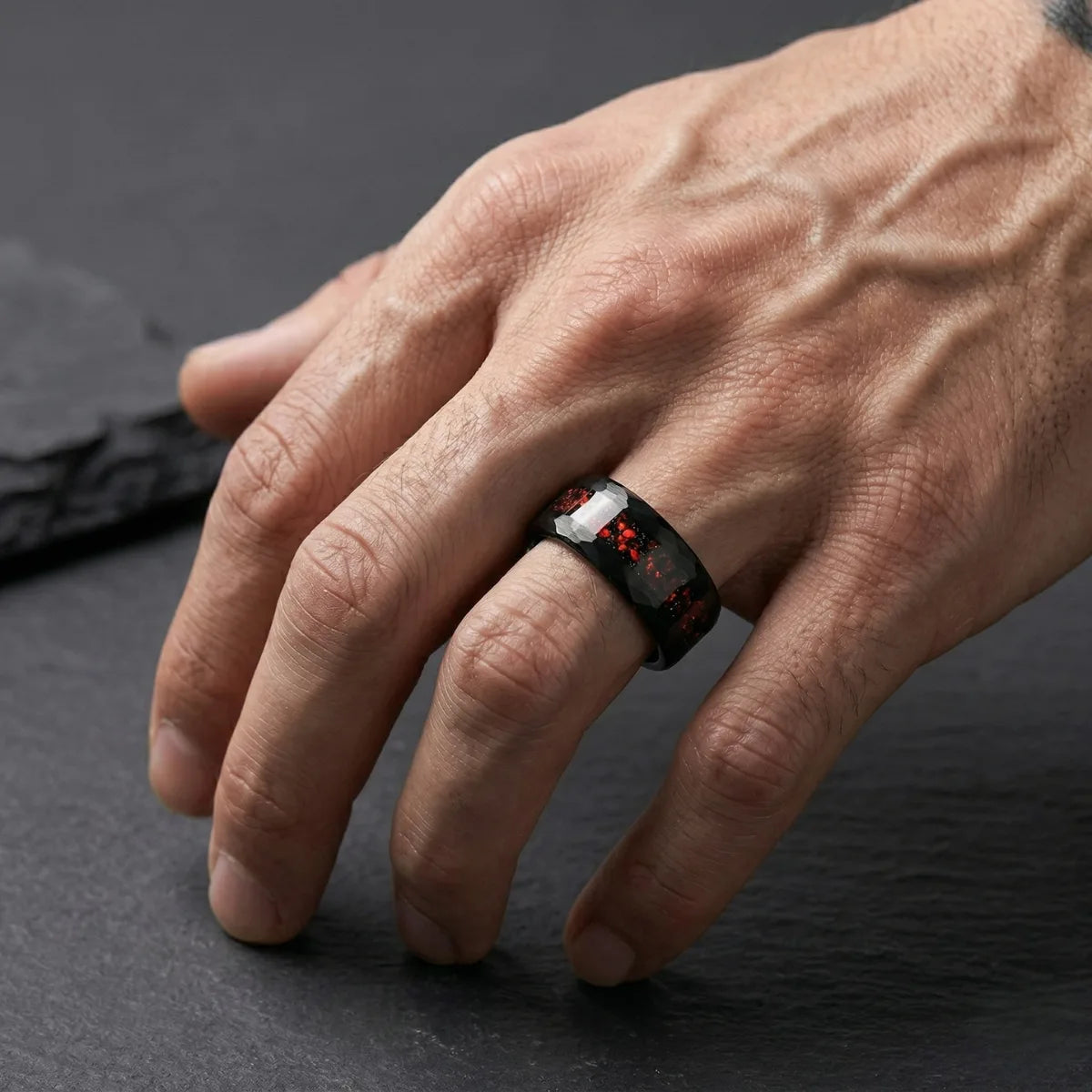 Men’s 8mm Black Hammered Red Opal Tungsten wedding band