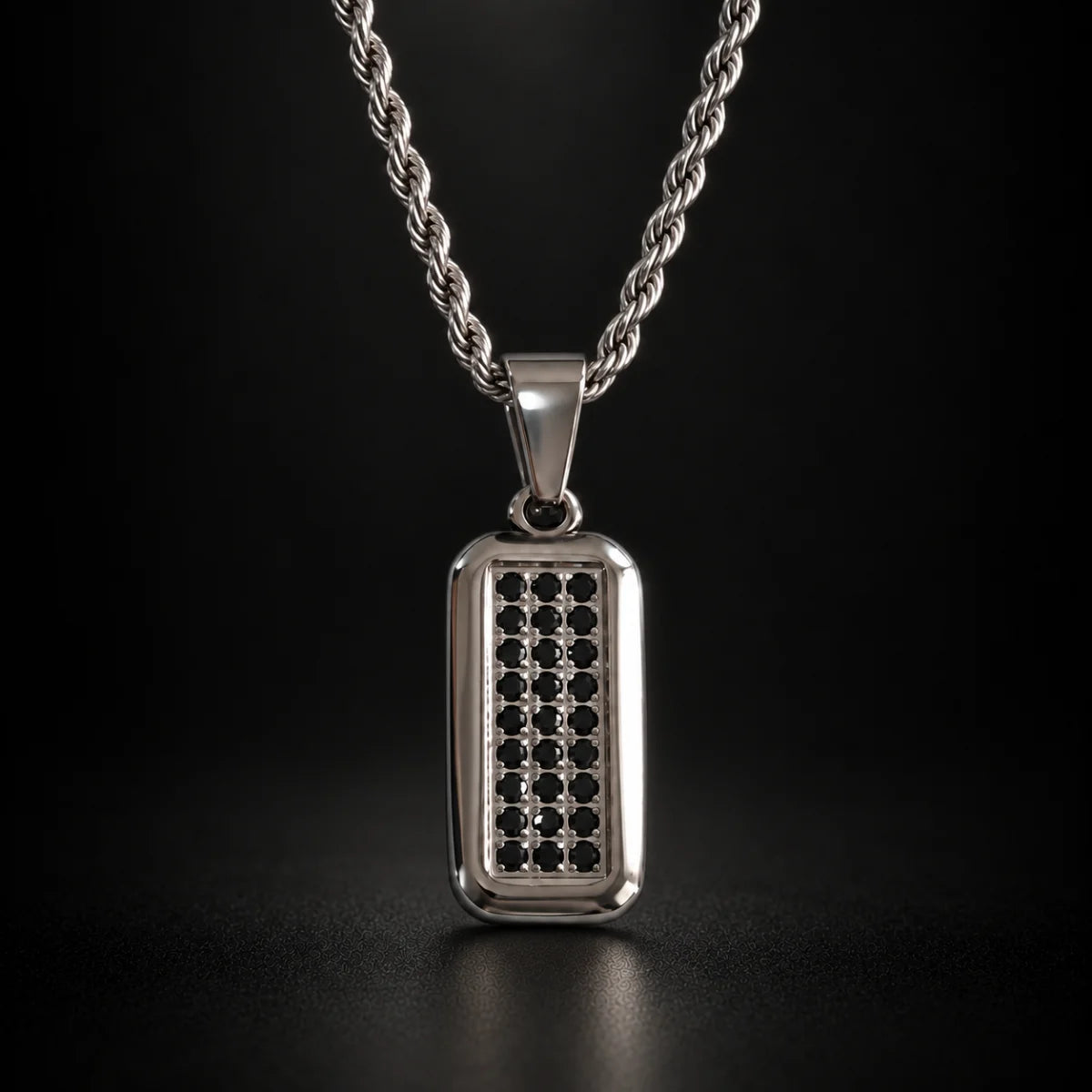men‘s black cz dog tag necklace black background hero