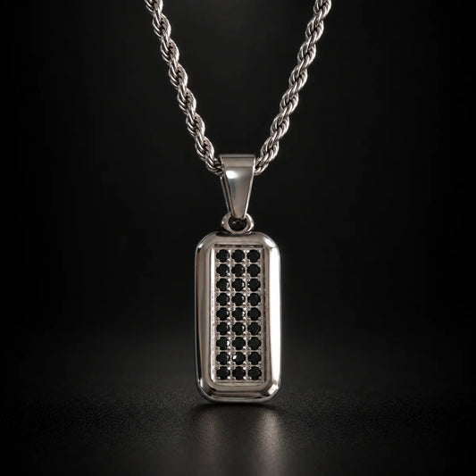 men‘s black cz dog tag necklace black background hero