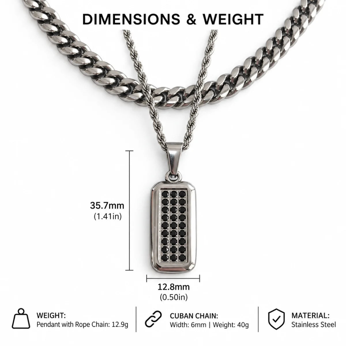 men’s black cz dog tag necklace dimensions and weight