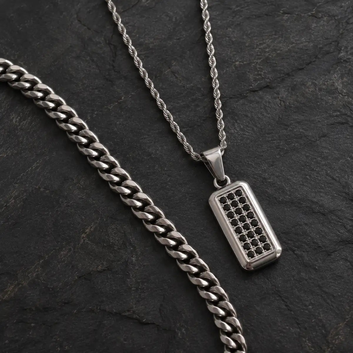 men‘s black cz dog tag necklace layered set birds eye display