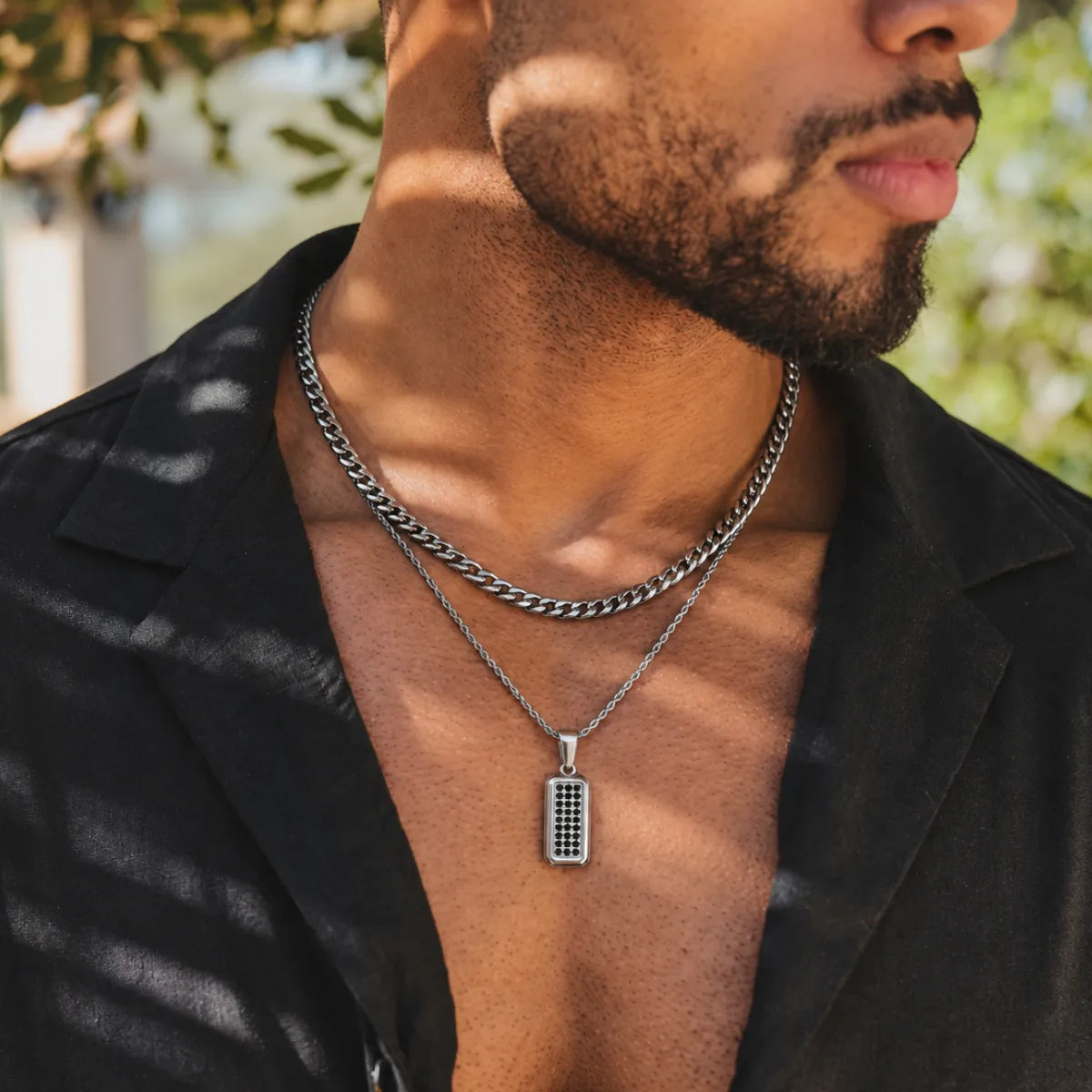 men’s black cz dog tag necklace layered set lifestyle black shirt