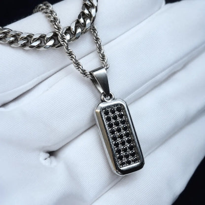 men’s black cz dog tag necklace layered set lifestyle white shirt