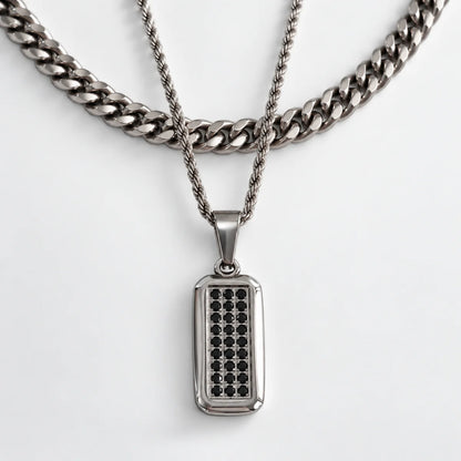 men‘s black cz dog tag necklace layered set white background