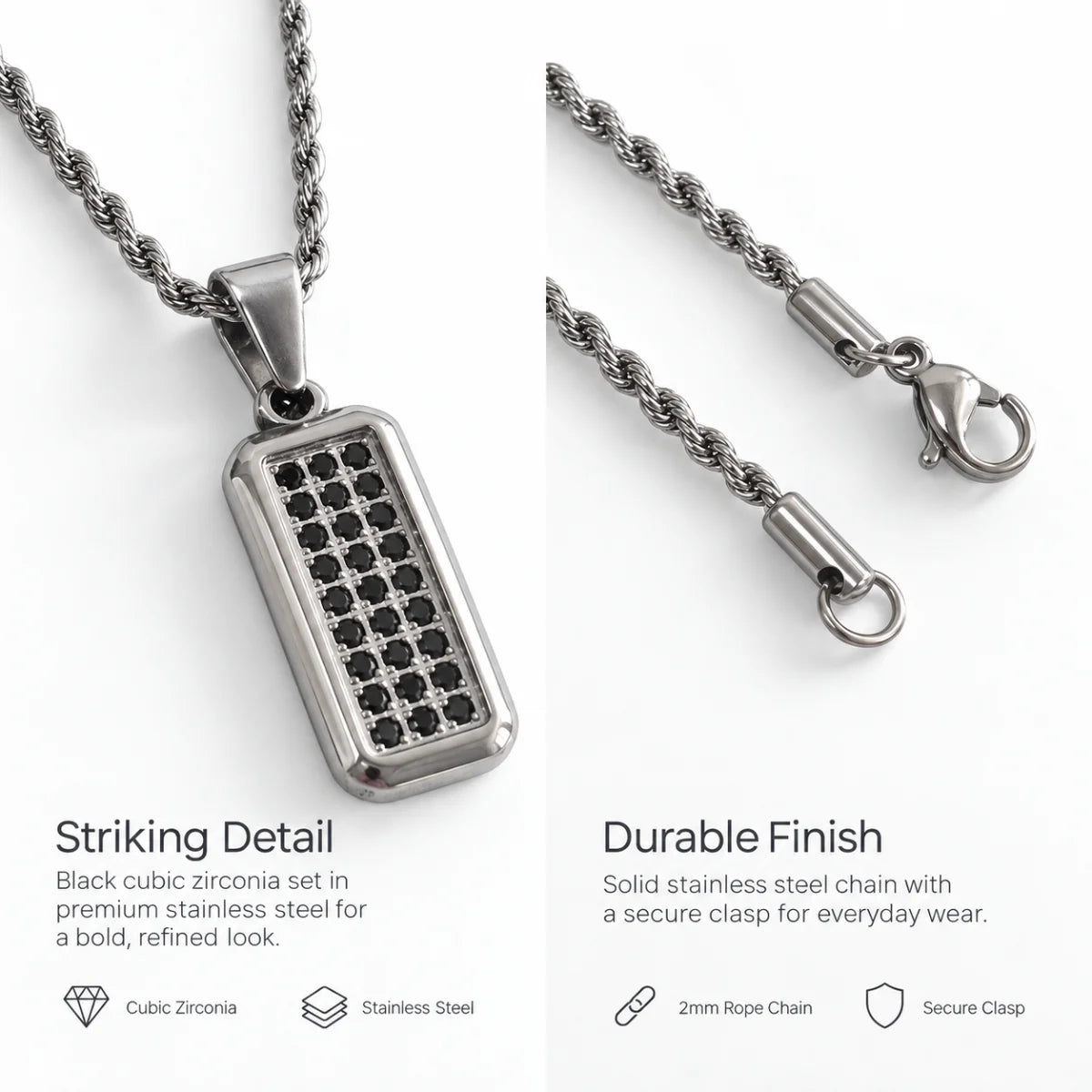 men‘s black cz dog tag necklace rope chain product details