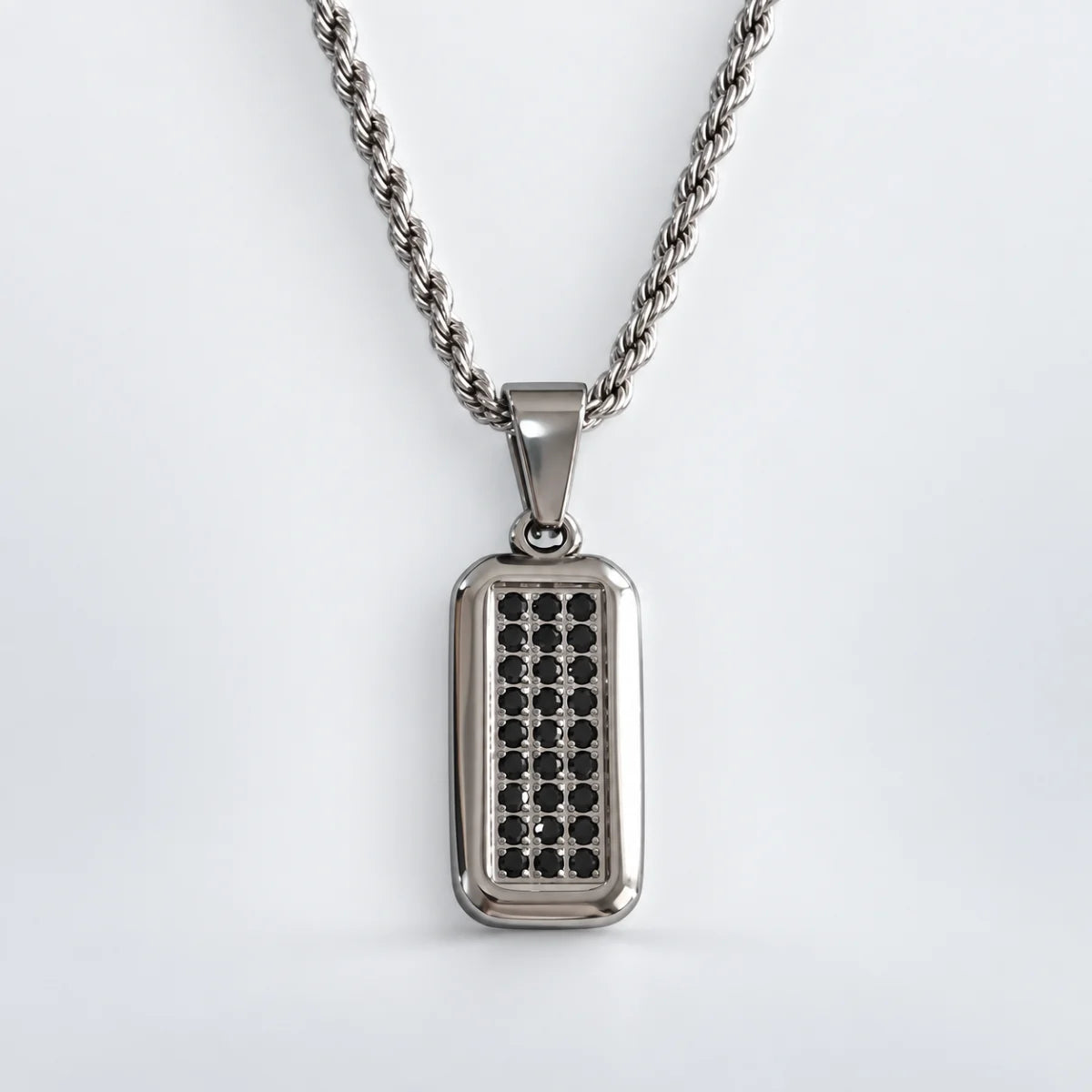 men's black cz dog tag necklace with rope chain white background
