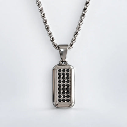 men's black cz dog tag necklace with rope chain white background