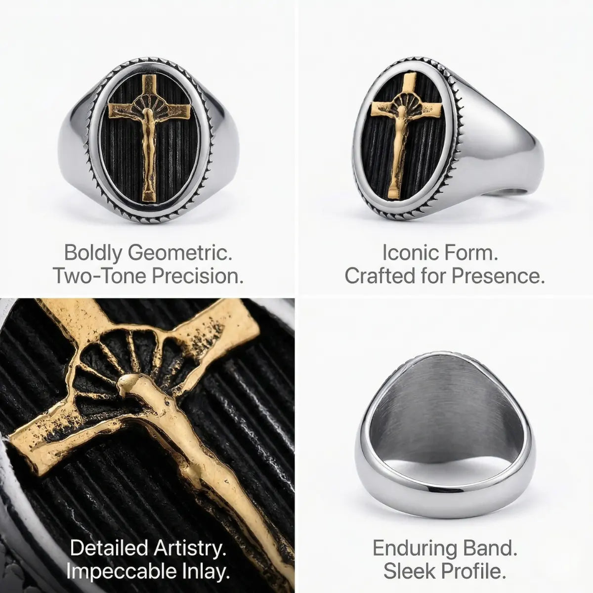 Men’s Crucifix Ring Design Features Gold Inlay Christian Jewelry