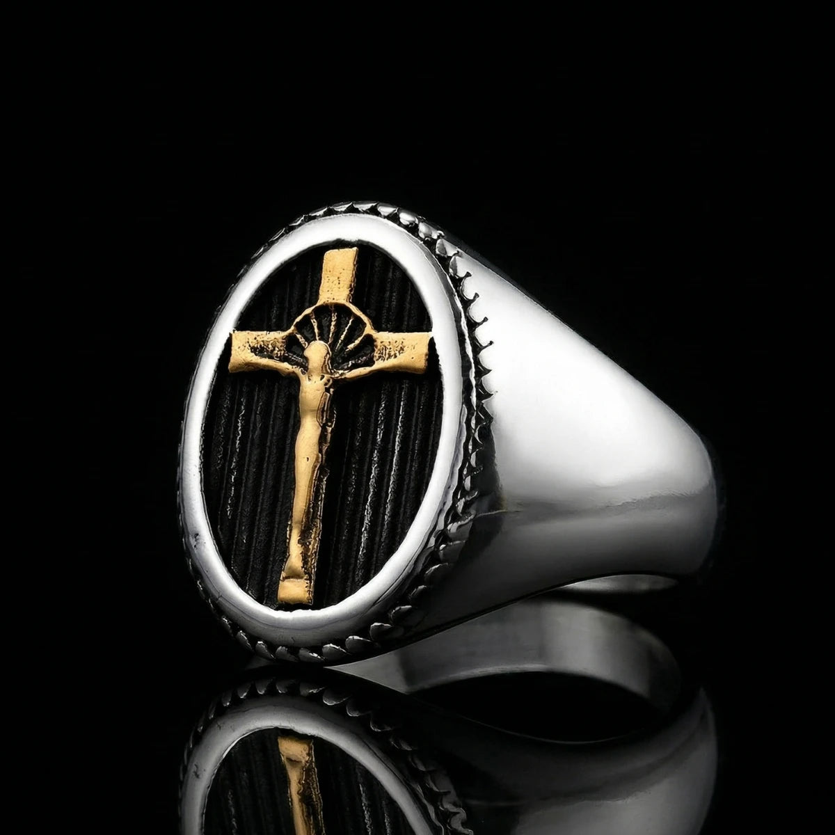 Men’s Crucifix Ring Two Tone Gold Jesus Religious Jewelry