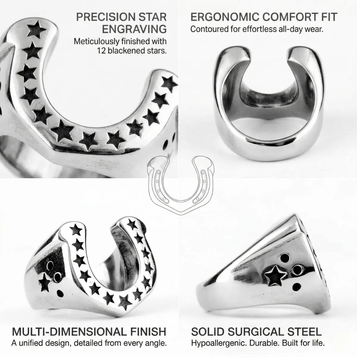 Men's Horseshoe Ring Design Features Surgical Steel Biker Ring