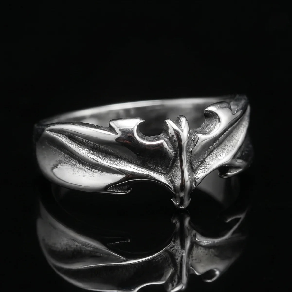 Minimalist Bat Ring Silver Front View Premium Stainless Steel Everyday Goth Jewelry
