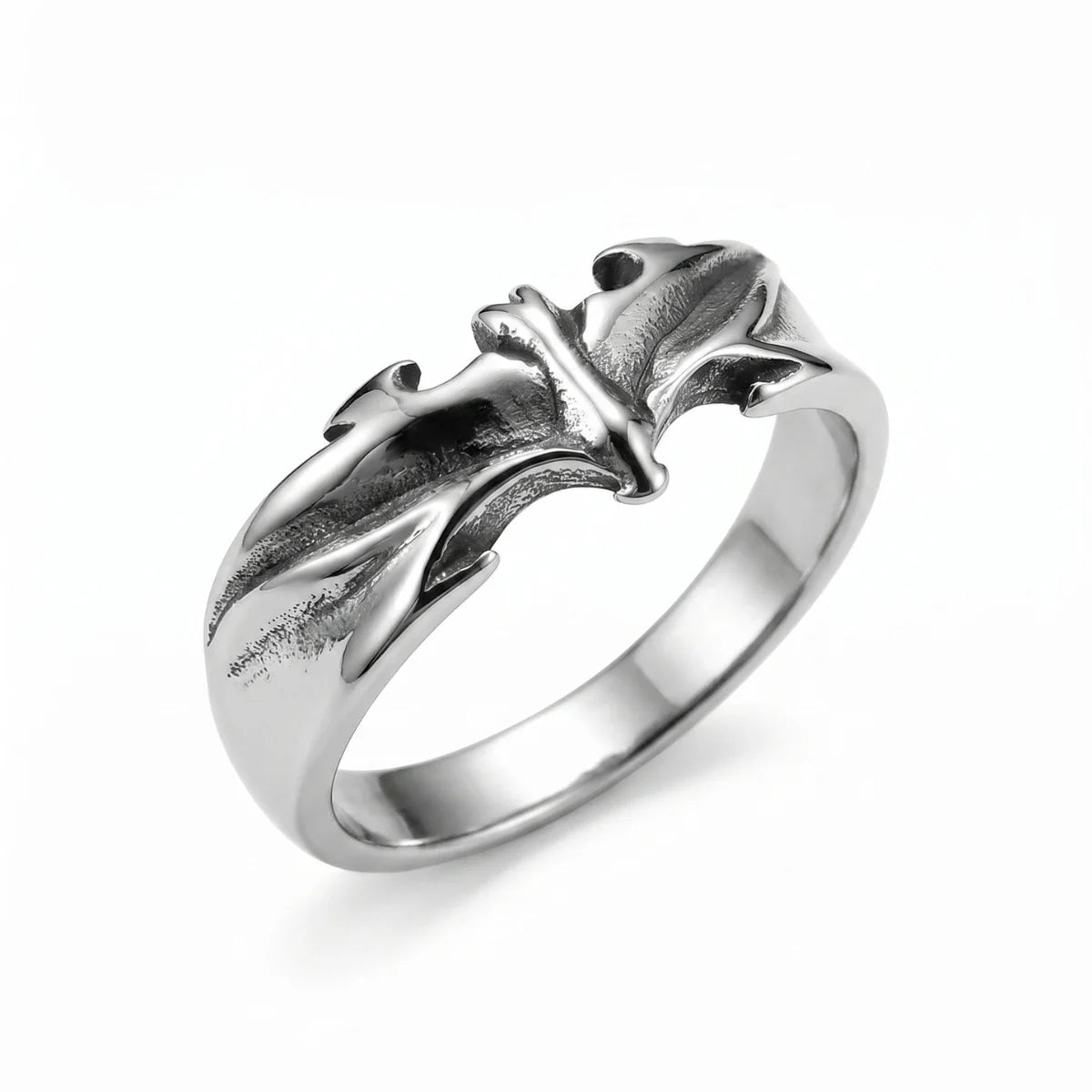 Minimalist Bat Ring Silver White Background Macabre Romance Jewelry