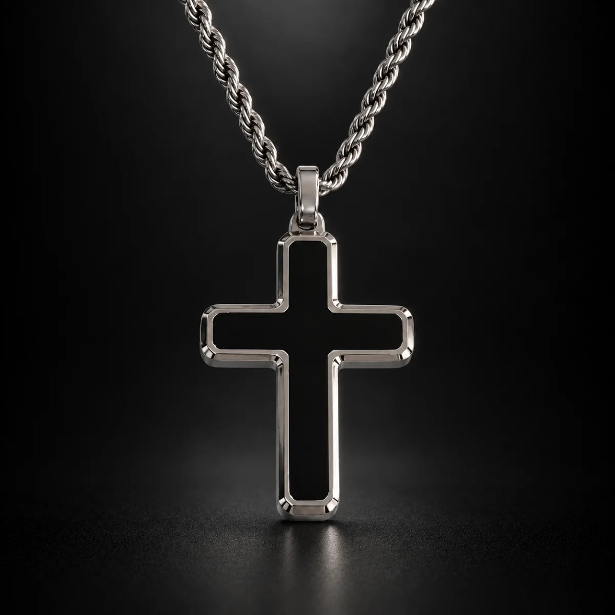 minimalist black cross necklace black background hero