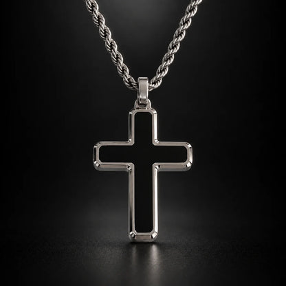 minimalist black cross necklace black background hero