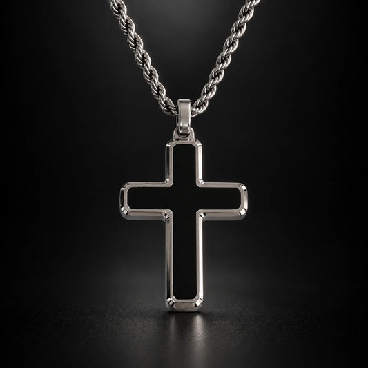 minimalist black cross necklace black background hero