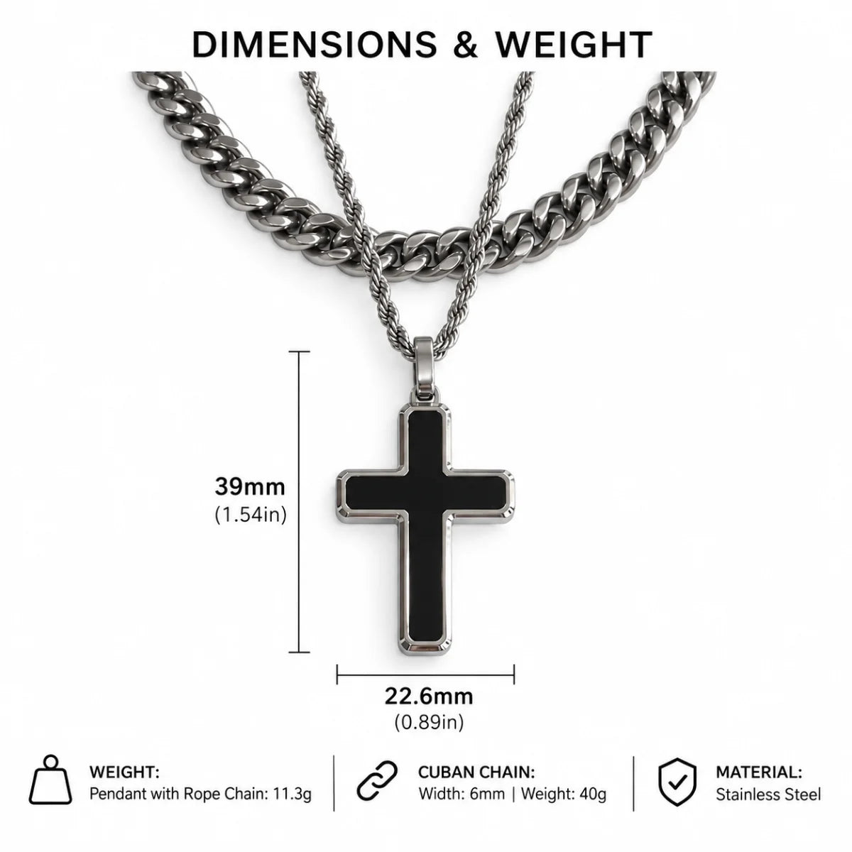 minimalist black cross necklace dimensions and weight