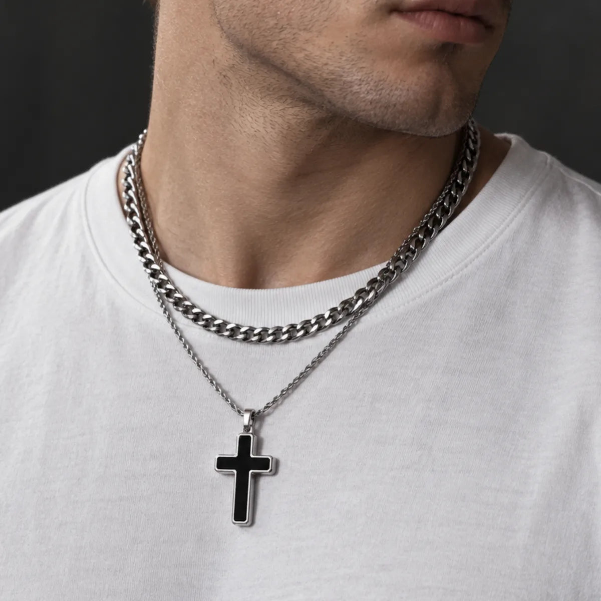 minimalist black cross necklace layered set lifestyle white shirt