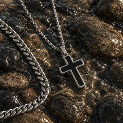 minimalist black cross necklace layered set water stone display