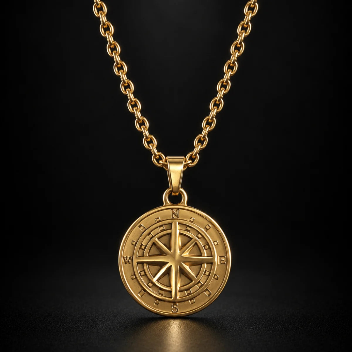minimalist compass pendant necklace gold black background hero