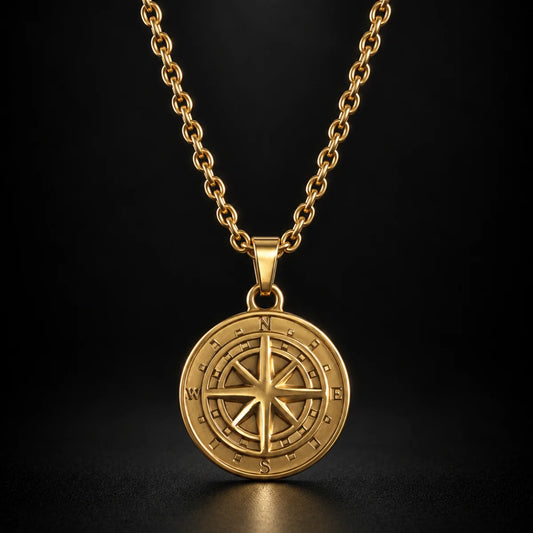 minimalist compass pendant necklace gold black background hero