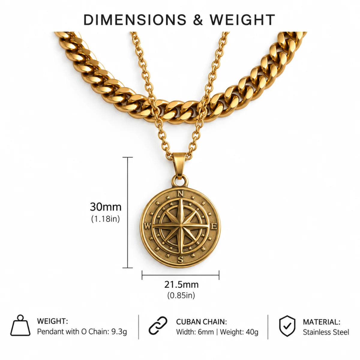 minimalist compass pendant necklace gold dimensions and weight