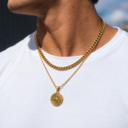 minimalist compass pendant necklace gold layered set lifestyle white shirt