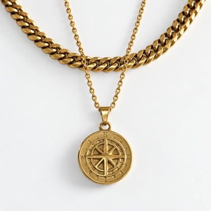 minimalist compass pendant necklace gold layered set white background