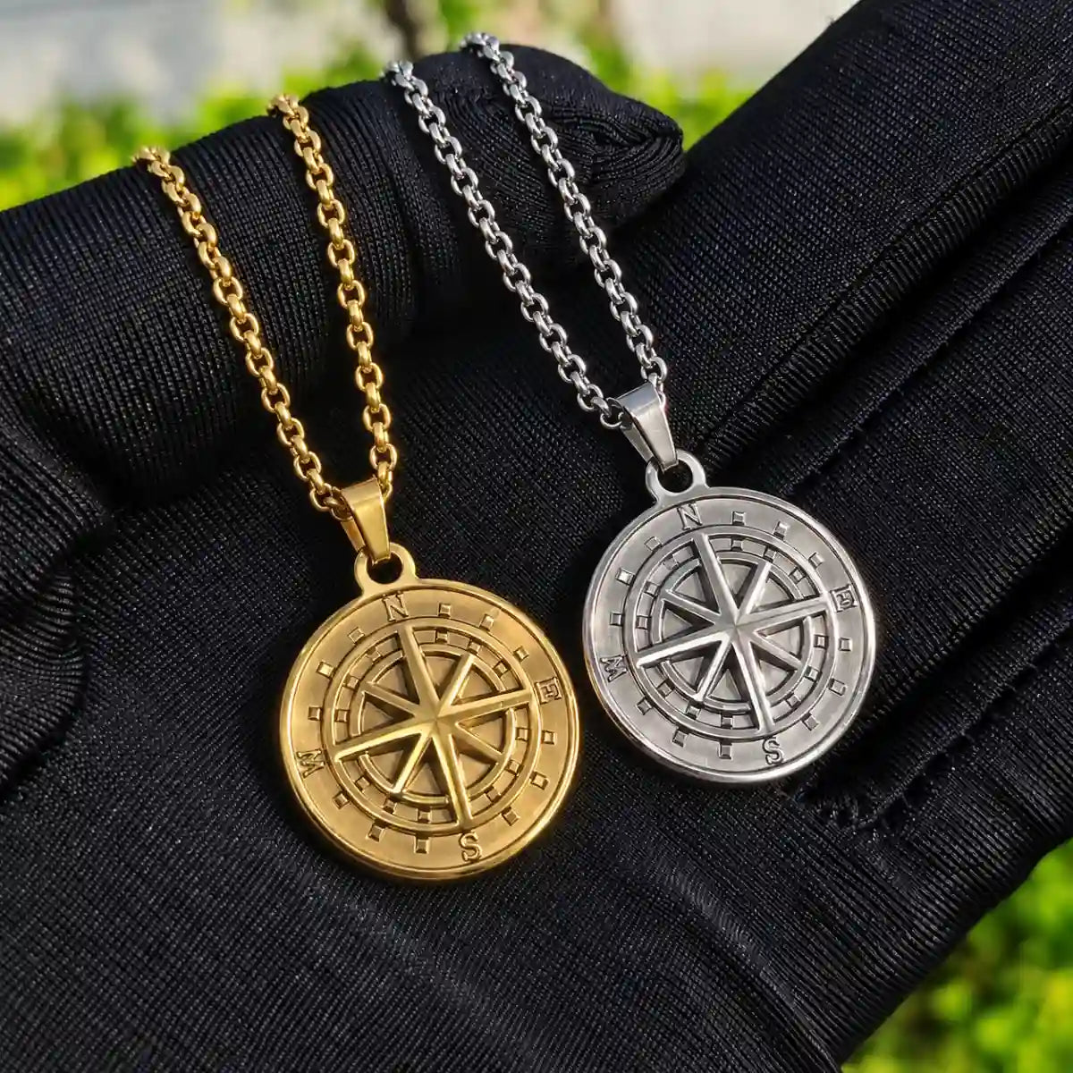 minimalist compass pendant necklace silver and gold color comparison