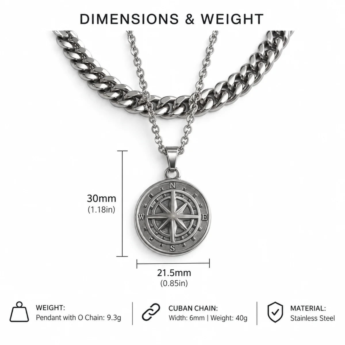 minimalist compass pendant necklace silver dimensions and weight