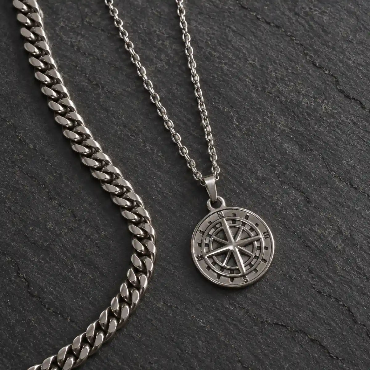 minimalist compass pendant necklace silver layered set birds eye display