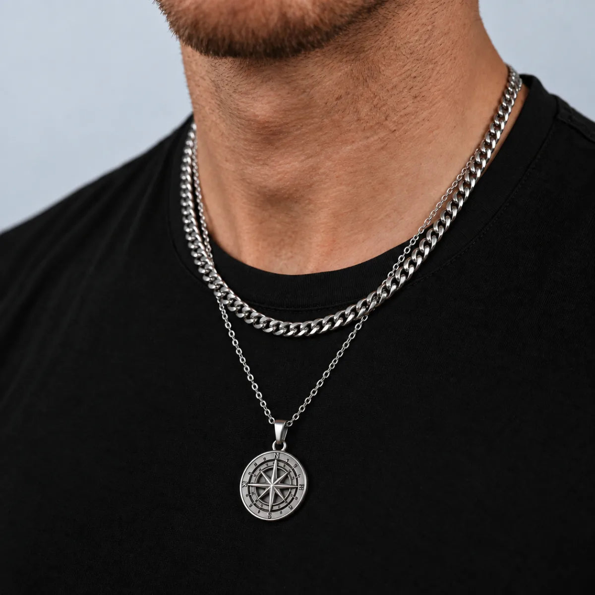 minimalist compass pendant necklace silver layered set lifestyle black shirt