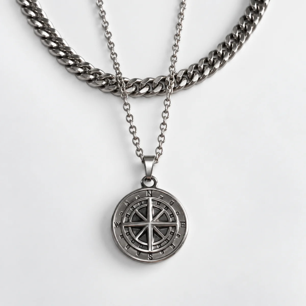 minimalist compass pendant necklace silver layered set white background