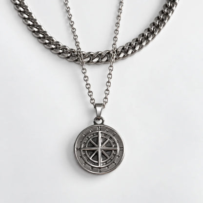 minimalist compass pendant necklace silver layered set white background
